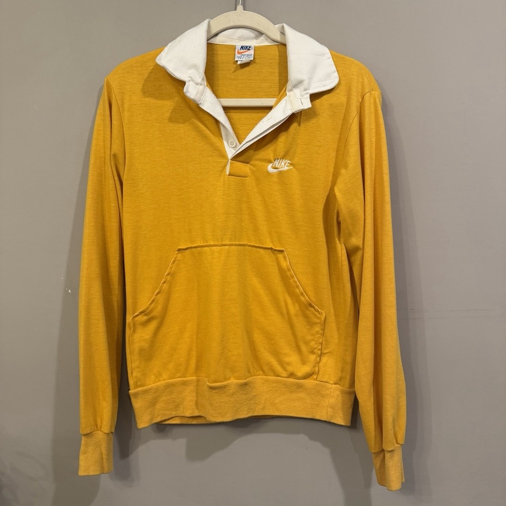 Vintage 1970s Nike Yellow Polo Long Sleeve Shirt Size S Rare Collared 50/50 USA